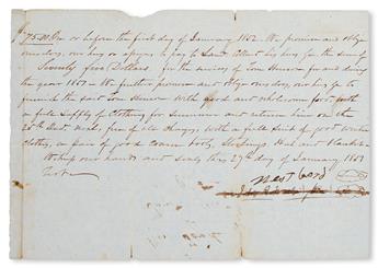 (SLAVERY AND ABOLITION--MOUNT VERNON.) FORD, WEST. Slave hire for the year 1852, signed by West Ford for Mount Vernon; Also signed by J